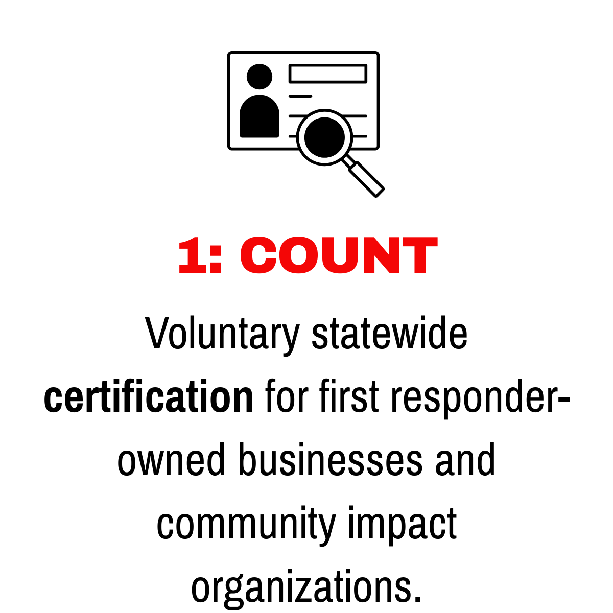 Step 1 in how we deploy our proprietary framework to provide our corporate partners with the right level of boardroom governance: Voluntary statewide certification for first responder-owned businesses and community impact organizations.