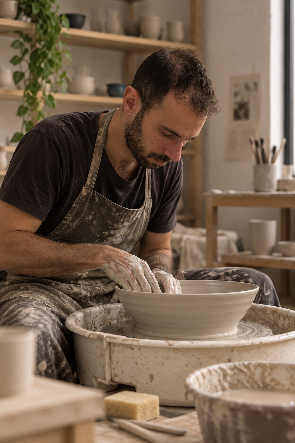 A man shaping a ceramic bowl on a pottery wheel in a pottery studio.