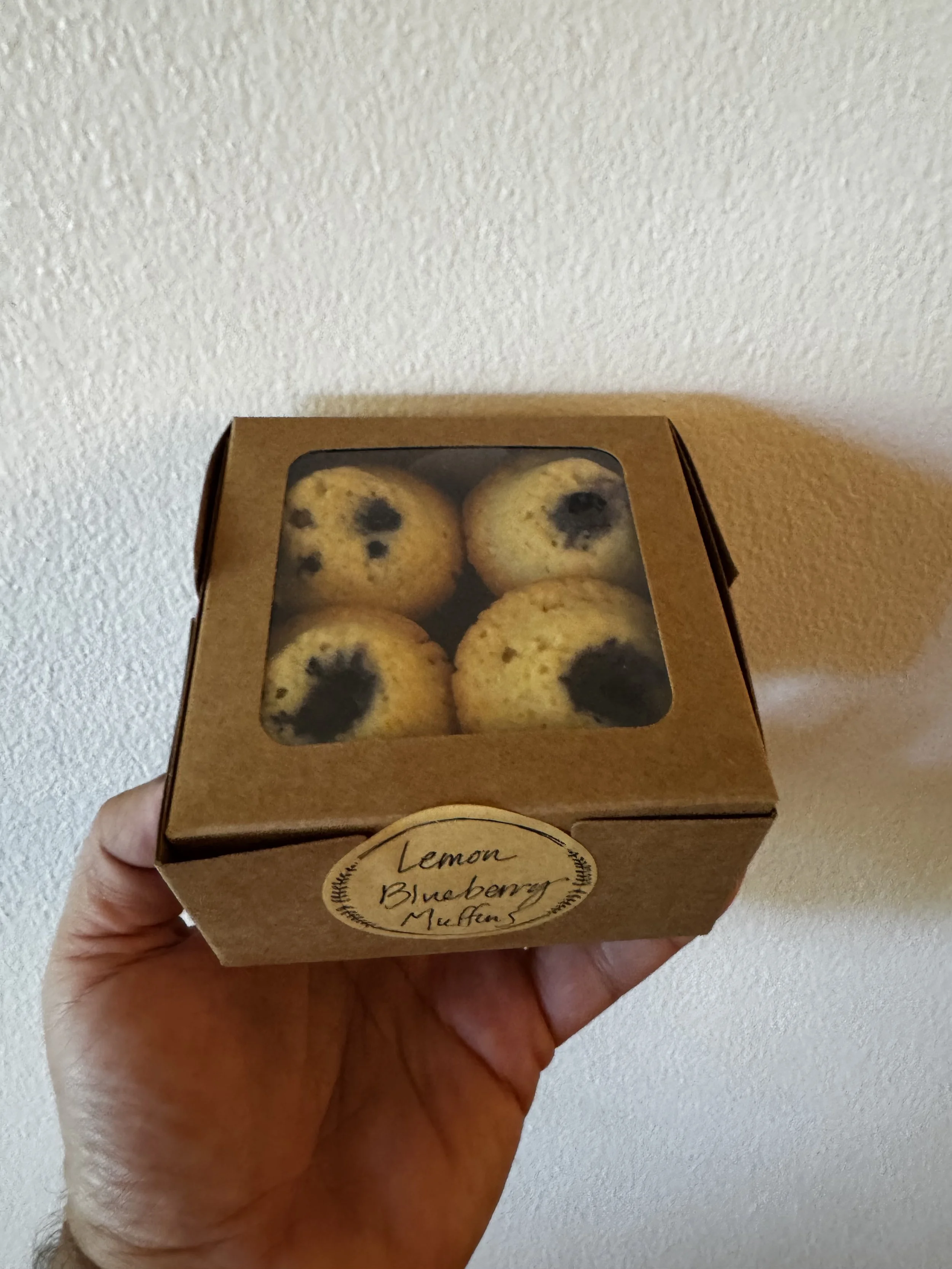 Hand holding a box of lemon blueberry muffins with a clear window showing four muffins.