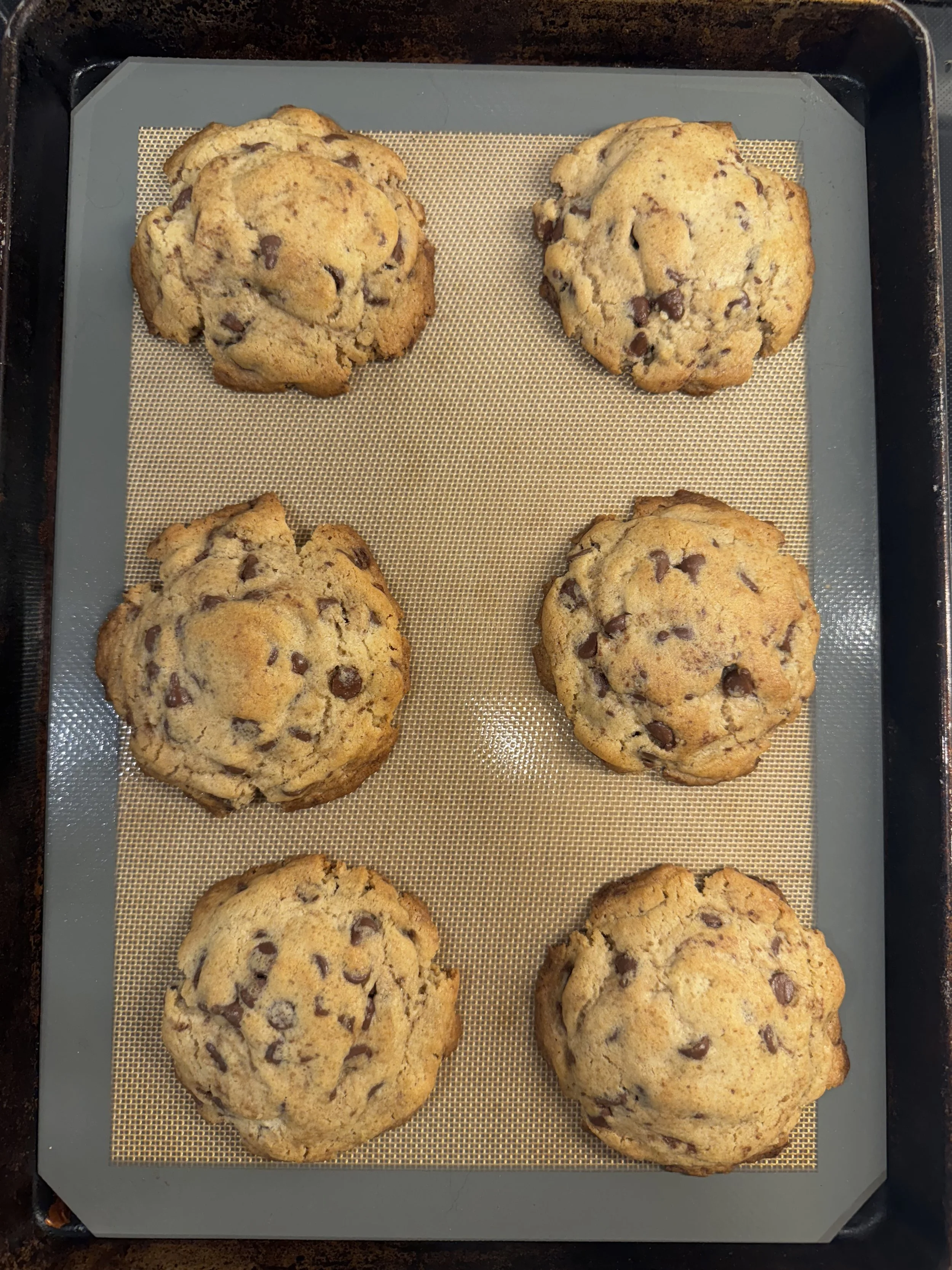 Six freshly baked chocolate chip cookies on a baking sheet.