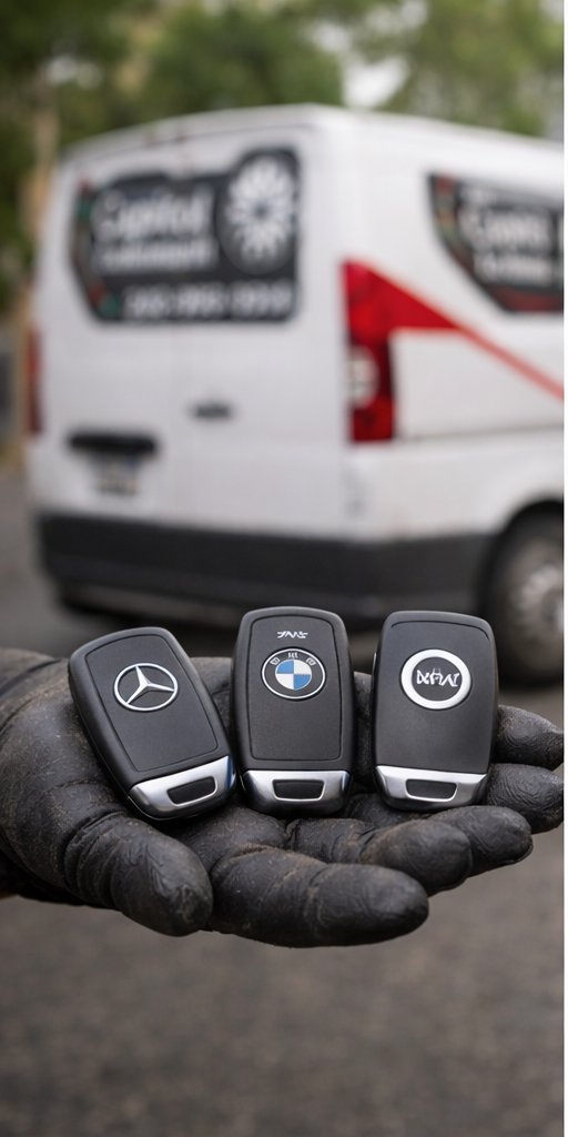 Hand holding three car key fobs labeled Mercedes-Benz, BMW, and Detex, with a blurred white service van in the background.