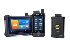 Set of police radio communication devices including a mobile data terminal, a smartphone, and a portable radio.