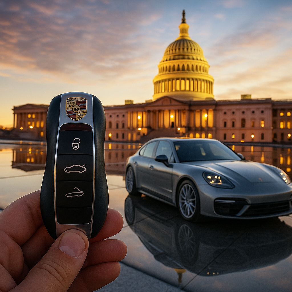 Hand holding a Porsche car key fob in front of a silver Porsche sports car, with the U.S. Capitol building illuminated during sunset in the background.