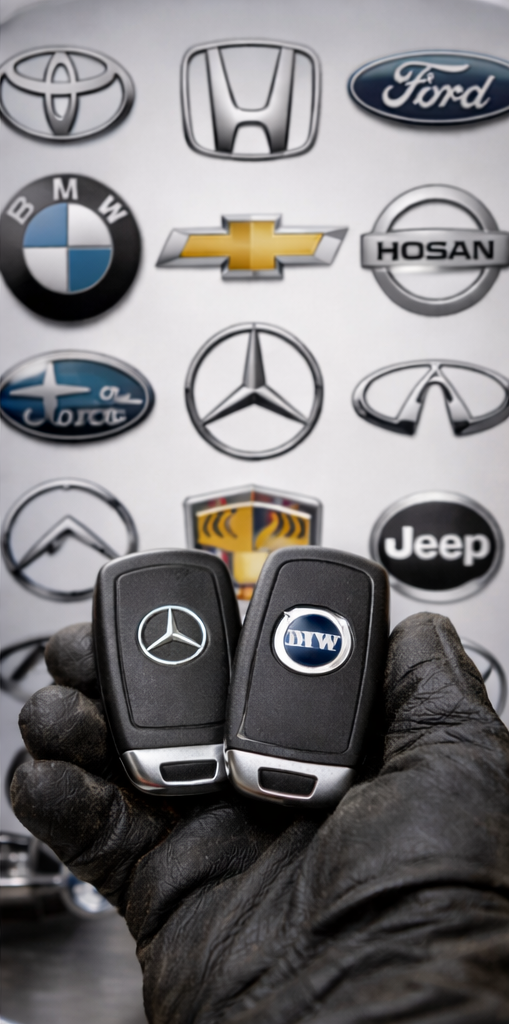 A person wearing a black glove holding two car key fobs, one with Mercedes-Benz logo and the other with MBW logo, with various car brand logos including Toyota, Honda, Ford, BMW, Chevrolet, Hosan, Subaru, Mercedes-Benz, Infiniti, and Jeep displayed in the background.