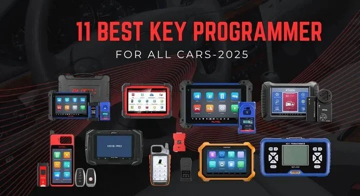 Display of eleven different car key programmer devices for 2023, with a black background and red text that reads "11 Best Key Programmer for All Cars-2023."