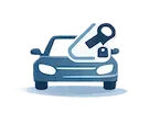 A mannequin dressed in a mechanic's outfit standing behind a cartoon-style car with a question mark above it.