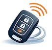 Car key fob with lock, unlock, and trunk buttons, wireless signal emanating from it.
