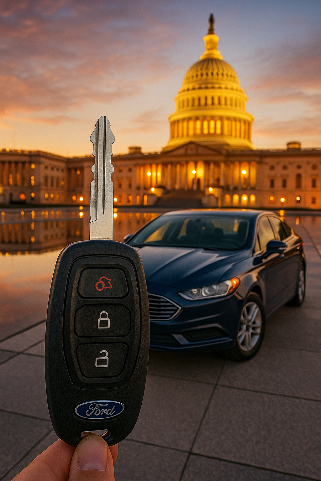 Close-up of a Ford car key fob held in front of a dark blue sedan parked in front of the U.S. Capitol building during sunset.