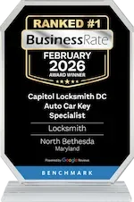 A sign indicating a business award, ranked #1 for February 2026, for Capitol Locksmith DC, an auto car key specialist in North Bethesda, Maryland, with a Benchmark logo at the bottom.