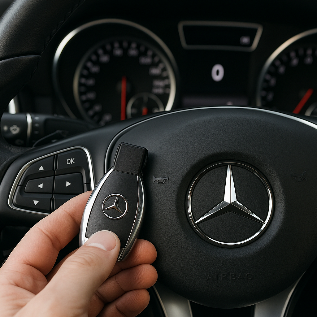 Close-up of a hand holding a Mercedes-Benz key fob in front of a Mercedes-Benz steering wheel inside a car.
