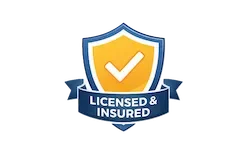 A badge with a shield design, a checkmark inside, and the text 'Licensed & Insured' on a ribbon at the bottom.