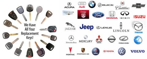 A collection of various car keys arranged in a semicircle on the left with the text 'We Have All Your Replacement Keys!' and an array of car brand logos including Acura, Audi, BMW, Buick, Cadillac, Chevrolet, Chrysler, Dodge, Ford, Honda, Infiniti, Isuzu, Jaguar, Jeep, Lexus, Lincoln, Mazda, Mercedes-Benz, Mercury, Mitsubishi, Opel, Pontiac, Porsche, RAM, Subaru, Toyota, Volkswagen, and Volvo on the right.