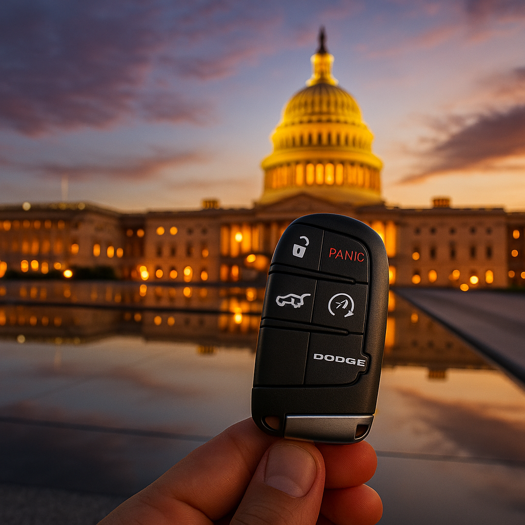 Close-up of a person holding a Dodge car key fob in front of the U.S. Capitol building during sunset.