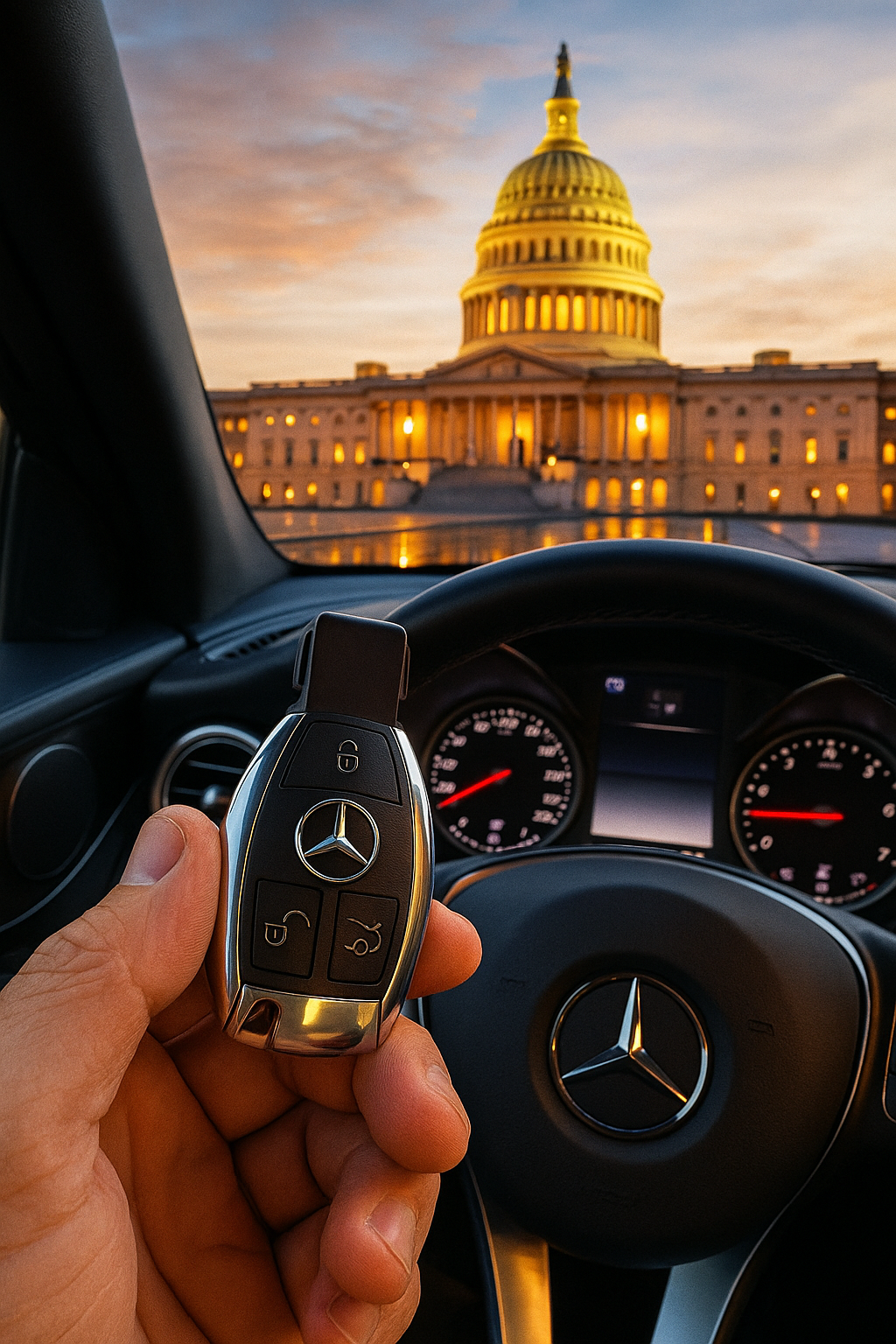 A person holding a Mercedes-Benz car key inside a vehicle with a view of the United States Capitol building at sunset.