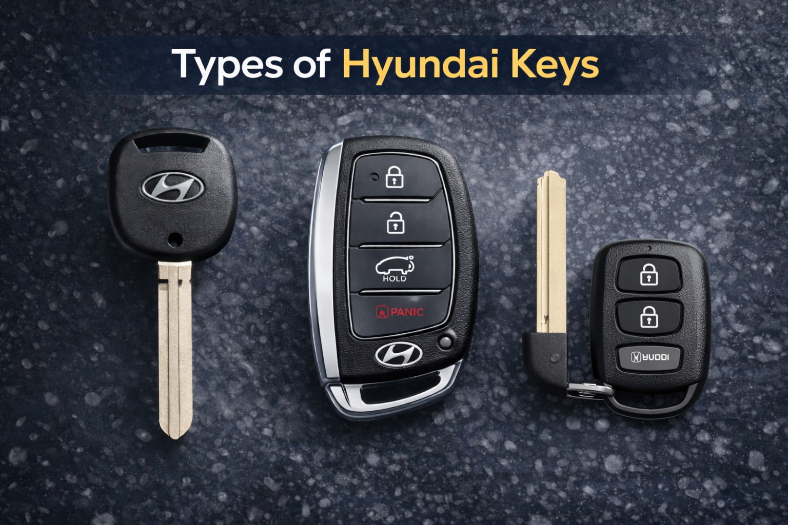 Types of Hyundai car keys including smart key fob, transponder key, and emergency blade key