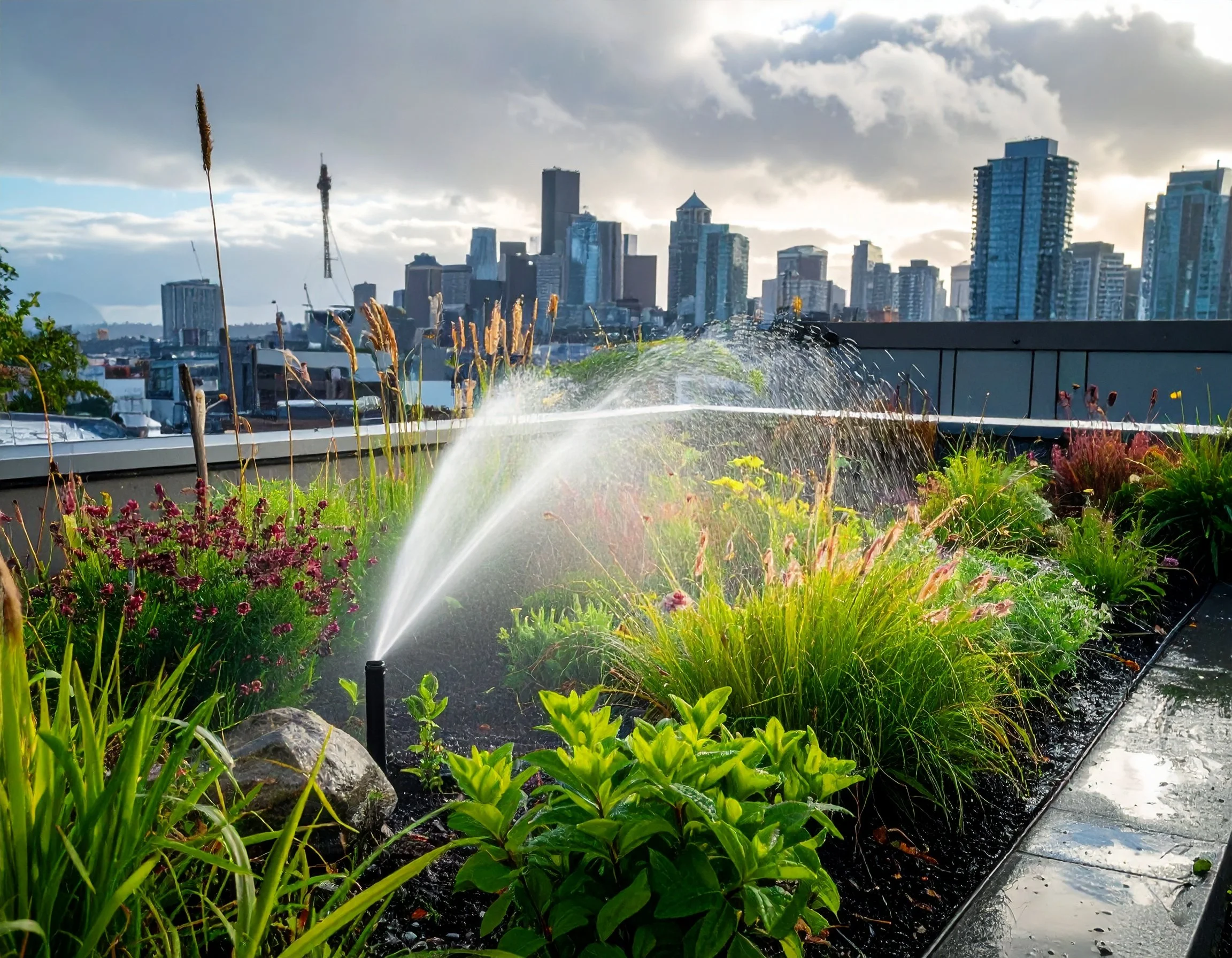Firefly_Photograph of an urban rooftop garden in Seattle, PNW, single sprinkler misting over  54821.jpg