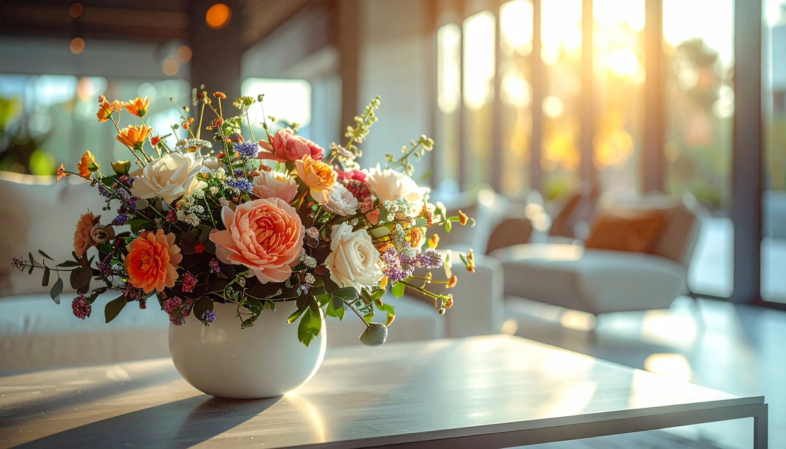 Firefly_Horizontal image of a low floral arrangement on a coffee table in a modern commercial 726247.jpg