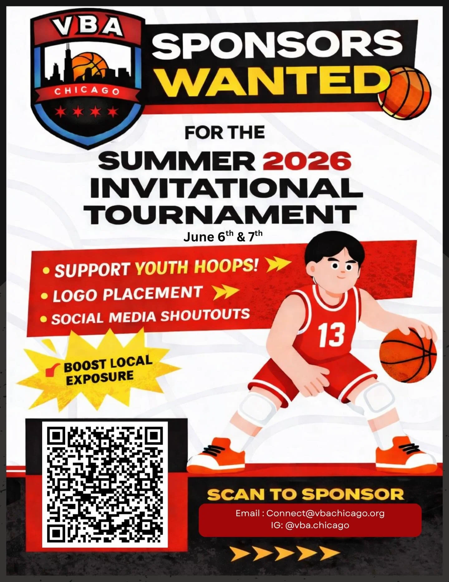 We&rsquo;re looking for local businesses to partner with VBA Chicago.

Our upcoming youth basketball tournament (June 6&ndash;7) will bring together athletes, families, and the community for a high-energy weekend focused on community, fun, and compet