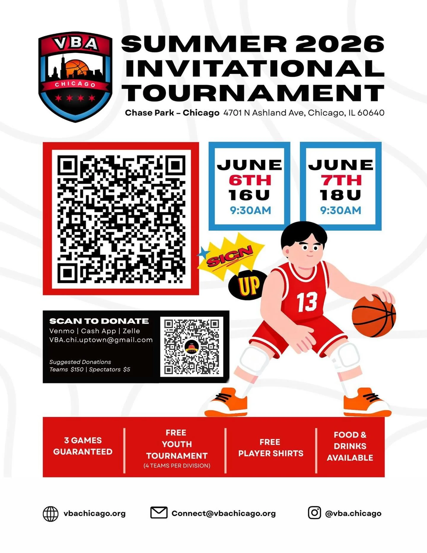 🏀 VBA SUMMER 2026 YOUTH CHARITY INVITATIONAL 🏀
Get ready for a competitive and fun weekend of hoops in Chicago!

📍 Chase Park &ndash; Chicago
🗓️ June 6th (16U) &amp; June 7th (18U)
⏰ 10AM TIP OFF (Players Check-in 30 mins before their first game)