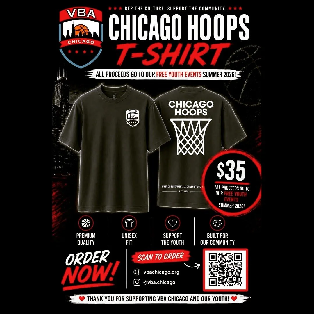 VBA - CHICAGO HOOPS T-SHIRT 🏀

More than a shirt &mdash; this supports the next generation.

Every purchase helps VBA Chicago continue hosting FREE community events, youth clinics, tournaments, and open gyms throughout Summer 2026.

✔ Premium oversi