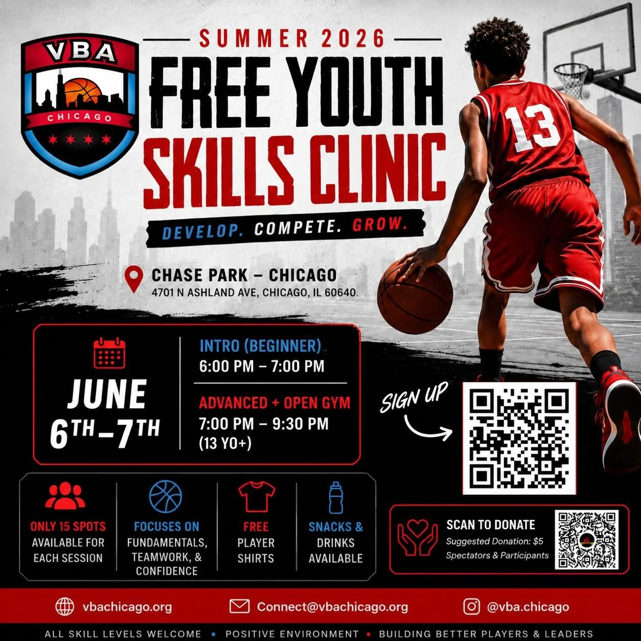 UPDATE!

🏀 SUMMER 2026 FREE YOUTH SKILLS CLINIC 🏀

Join VBA Chicago for a weekend full of basketball development, open gym runs, and community this summer at Chase Park!

📍 Chase Park &ndash; Chicago 
4701 N Ashland Ave, Chicago, IL 60640

📅 June