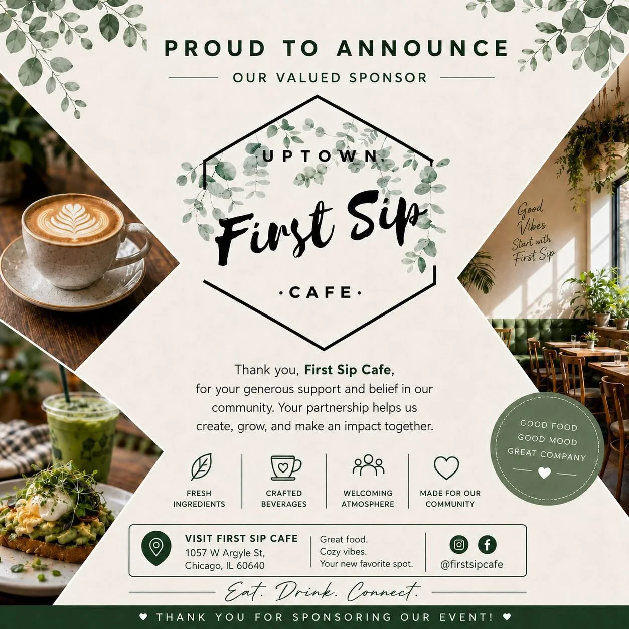☕️ Sponsor Spotlight: First Sip Cafe ☕️

We are proud to welcome First Sip Cafe as an official sponsor of the VBA Chicago Summer Shootout! 🏀

As a local business rooted in the Uptown community, First Sip Cafe has become a favorite spot for great cof