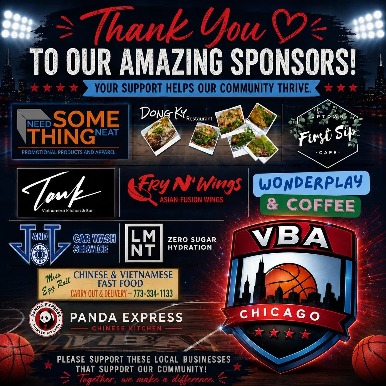 🏀❤️ THANK YOU TO OUR AMAZING SPONSORS! ❤️🏀

A huge thank you to all of the local businesses and community partners who helped make the VBA Chicago Summer Shootout possible. Your support allows us to provide opportunities for young athletes, build c