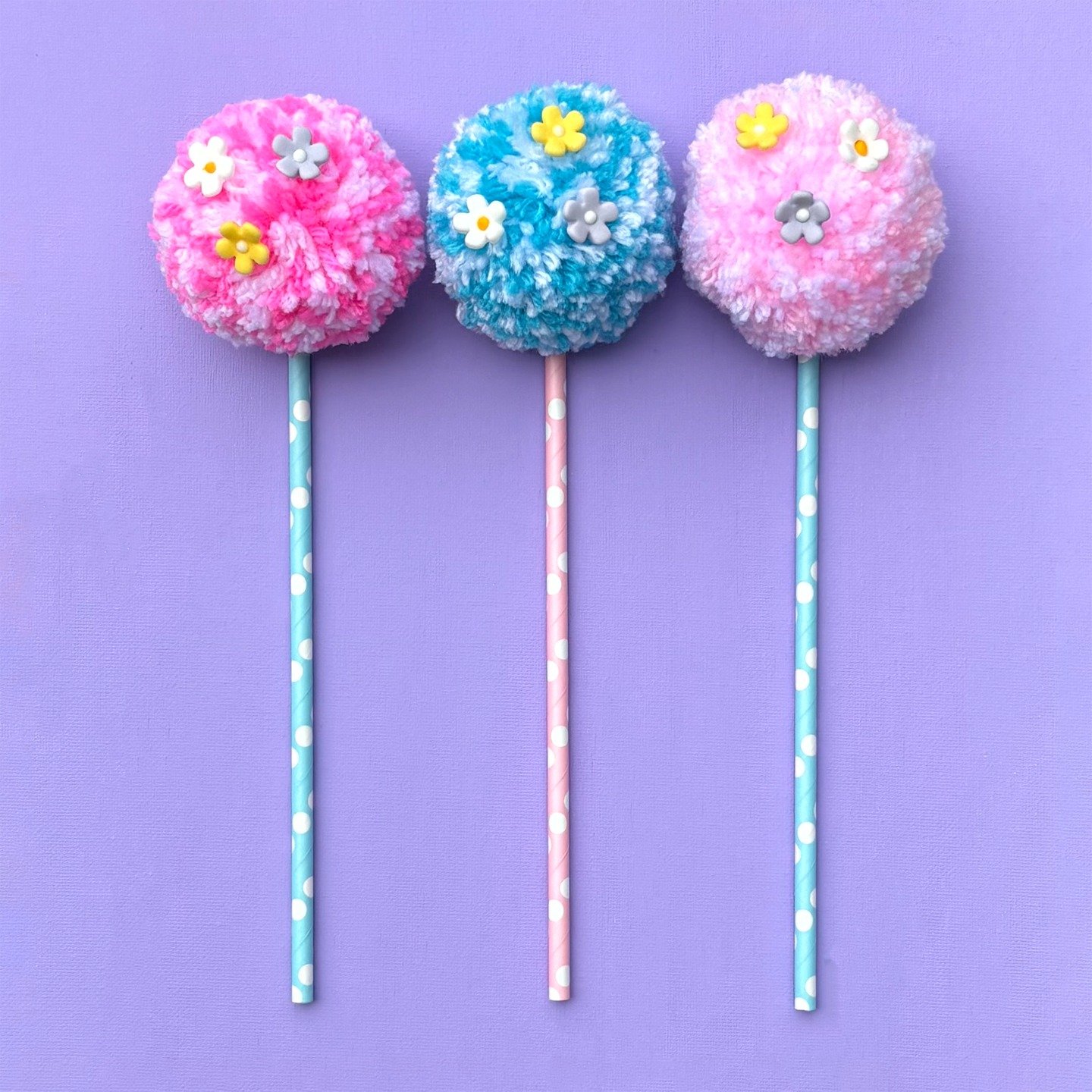 🍭💐 Three Is Better Than One 💐🍭 

A pop of color, a sprinkle of joy, and a whole lot of whimsy! ✨ 
These pom pom pops from the &ldquo;Three Is Better Than One&rdquo; Collection celebrate simple happiness &mdash; soft textures, candy colors, and ha