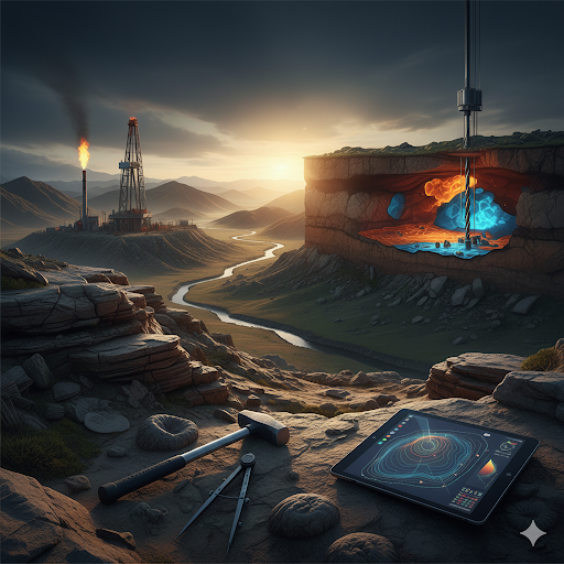 A digital illustration showing an underground magma chamber with a drilling operation above ground in a mountainous landscape, a tablet with a seismic activity map, a geological hammer, and surveying tools in the foreground.