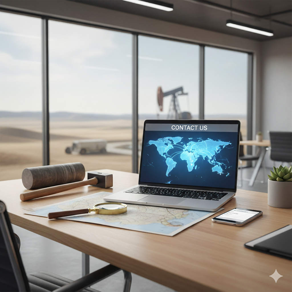 Office with large windows showing desert landscape, on the desk is a laptop displaying a world map with 'Contact Us' text, a magnifying glass, a hammer, a map, a smartphone, and a potted plant