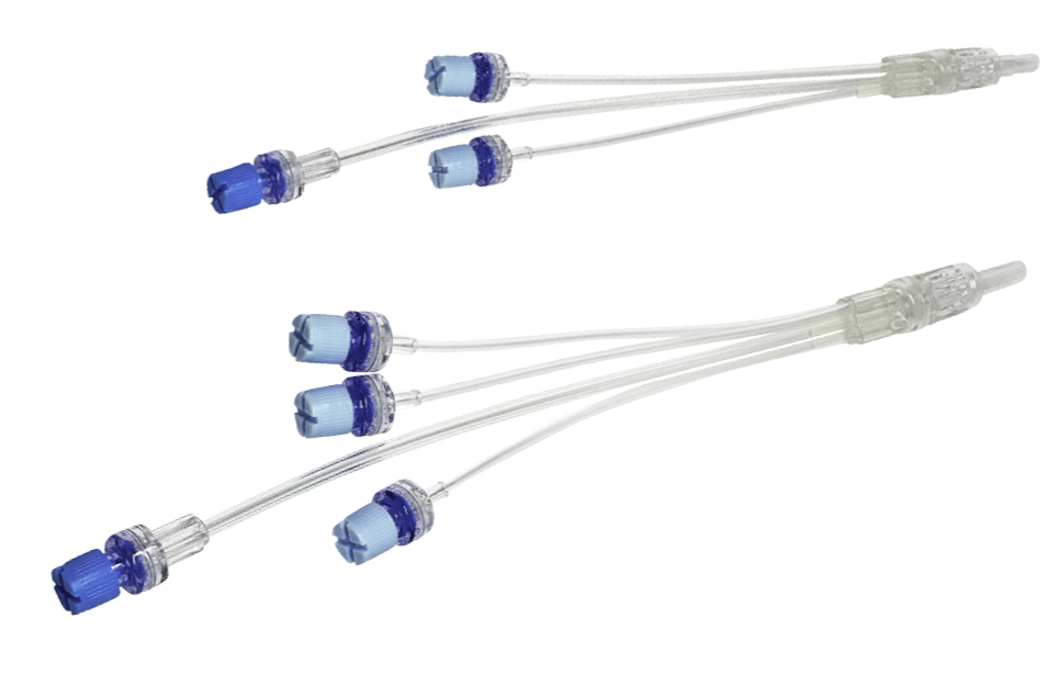 A collection of four sterile nasal cannulas used for oxygen therapy, each with two prongs and adjustable connectors.