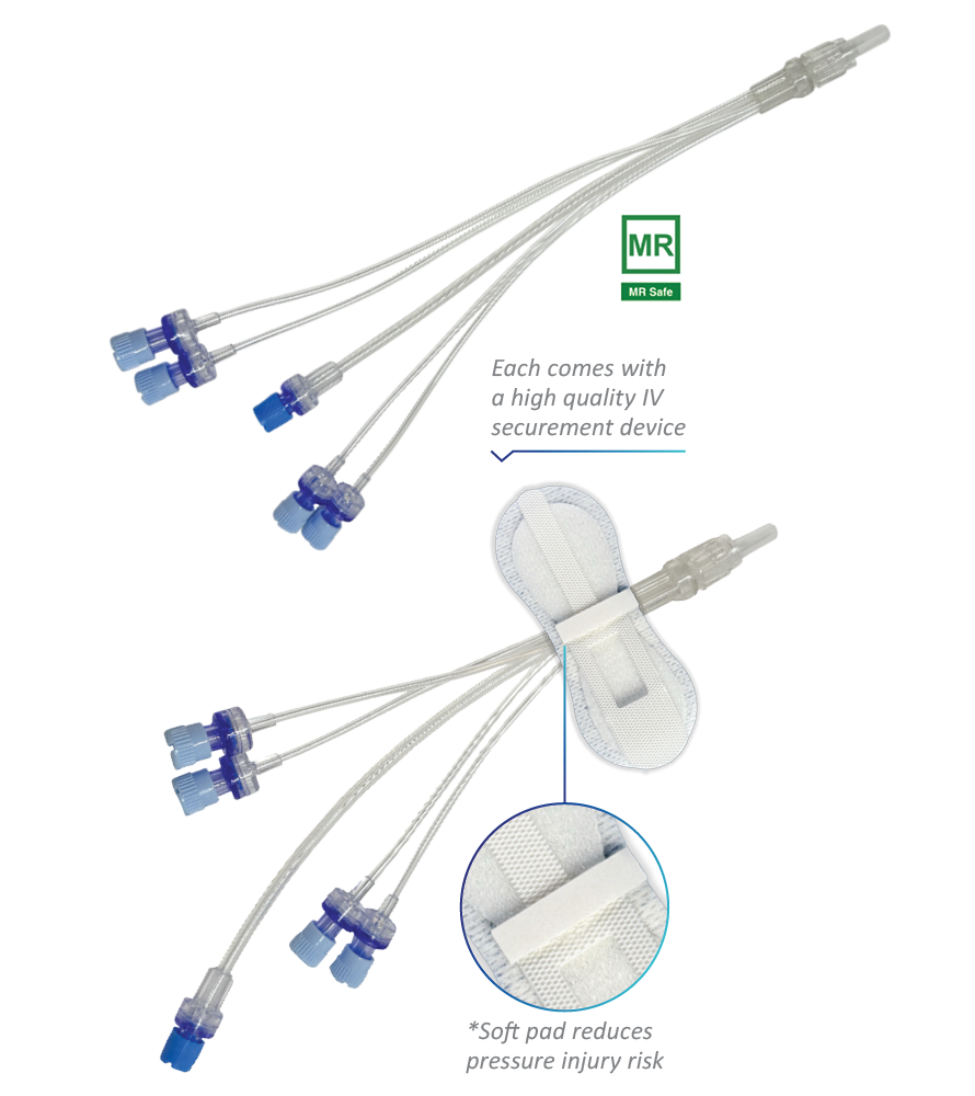 Medical tubing with connectors and a padded bandage designed for wound care or vascular access, featuring close-up details of the materials and construction.
