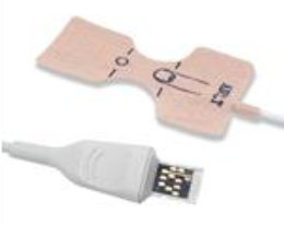 A medical pulse oximeter sensor connected to a USB cable.