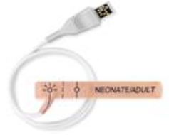 A NEOMATE adult glucose testing strip connected to a white USB cable.