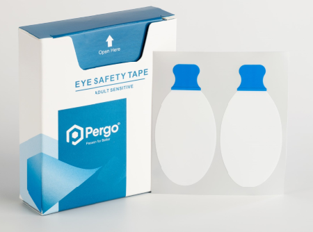 Box of Pergo eye safety tape with two oval-shaped adhesive strips.