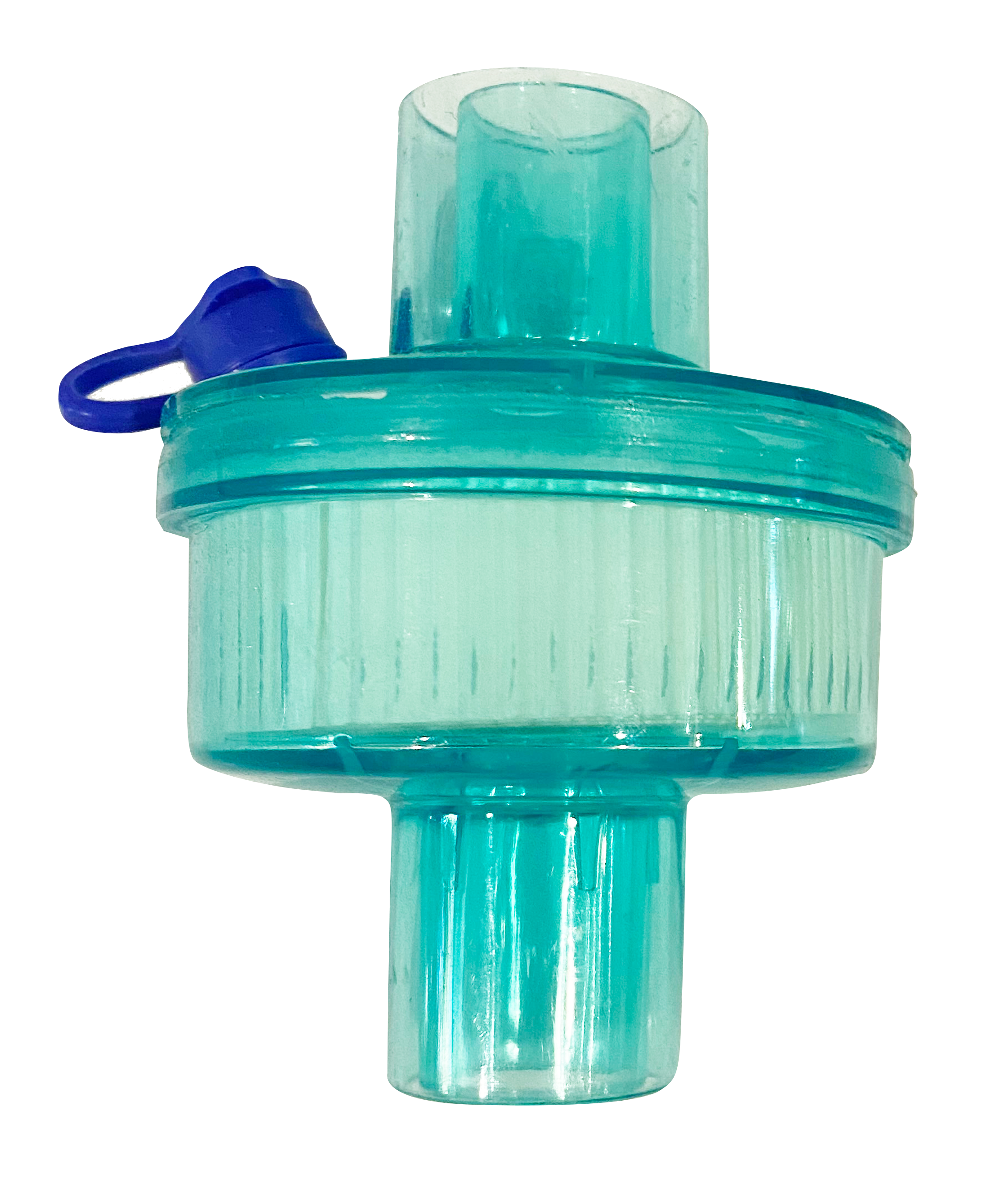 A plastic inhaler, typically used for asthma or respiratory issues, with a blue cap and transparent light blue body.