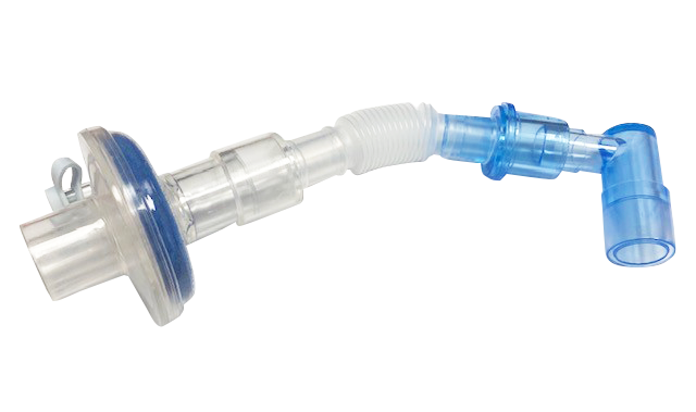 Medical breathing device with a mask, flexible tubing, and connectors.