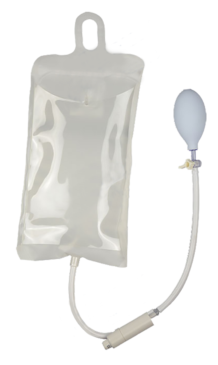 Medical IV infusion bag with attached tube and balloon-shaped device for fluid administration.