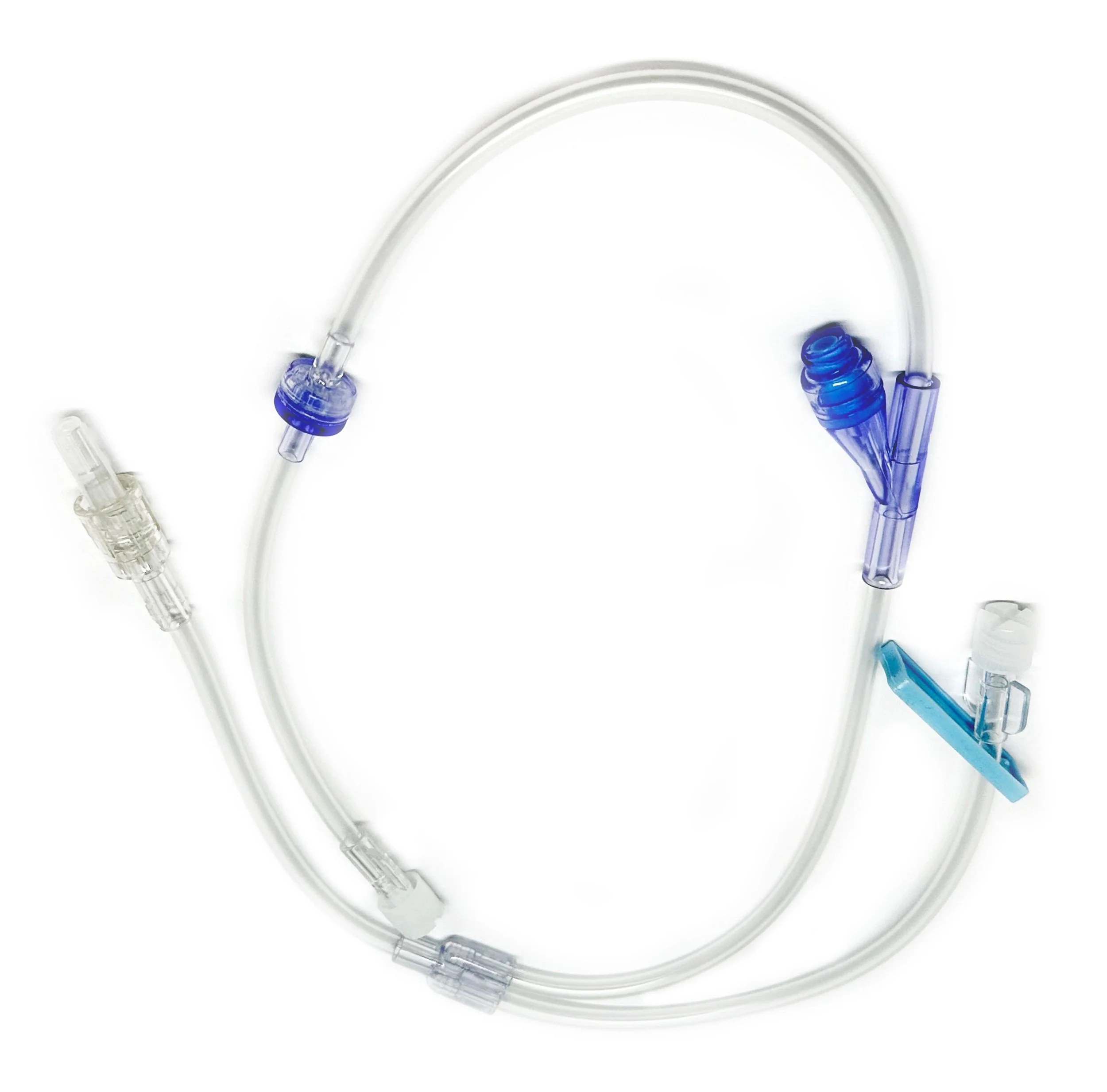 Medical tubing with connectors and clamps, used in patient care or medical procedures.