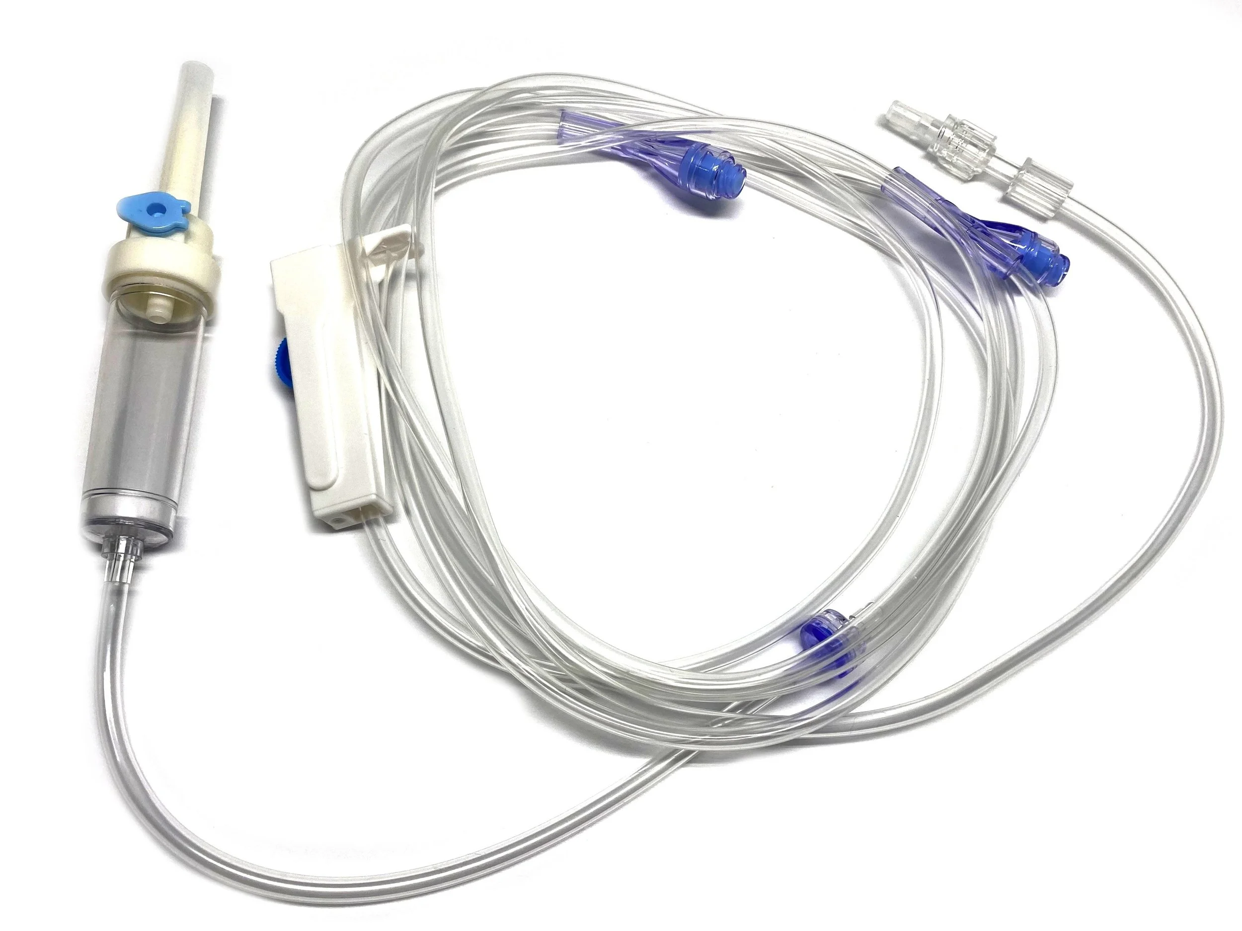 Medical IV infusion set with tubing, drip chamber, and connectors.