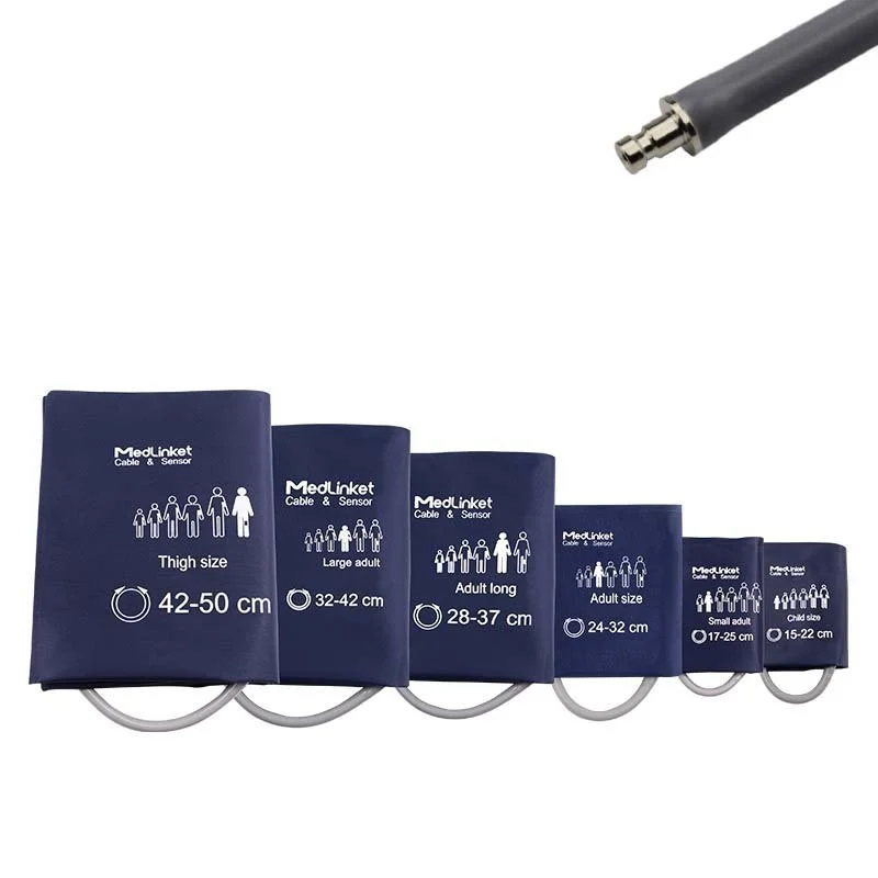 Set of measurement blood pressure cuffs in varying sizes from thigh to child.