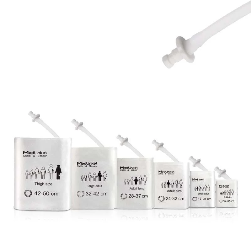 Range of MedLinket medical sensors measuring different body parts, including thigh, large adult, adult long, adult, small adult, and child, with corresponding size measurements.