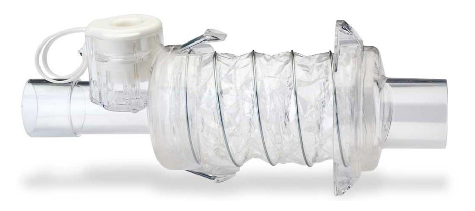 A clear plastic inhaler or breathing device with a flexible, accordion-like middle section, attached to white plastic tube fittings.