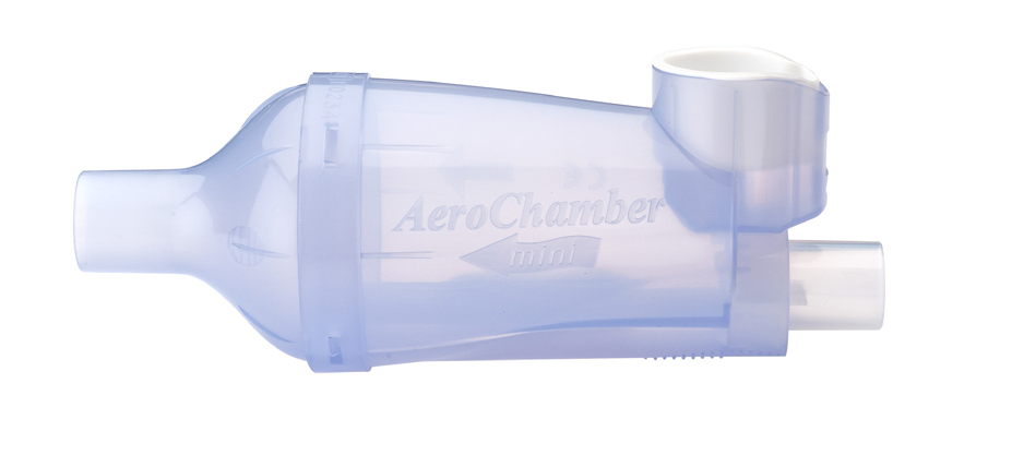 A clear plastic AeroChamber Mini inhaler spacer with mouthpiece and tube