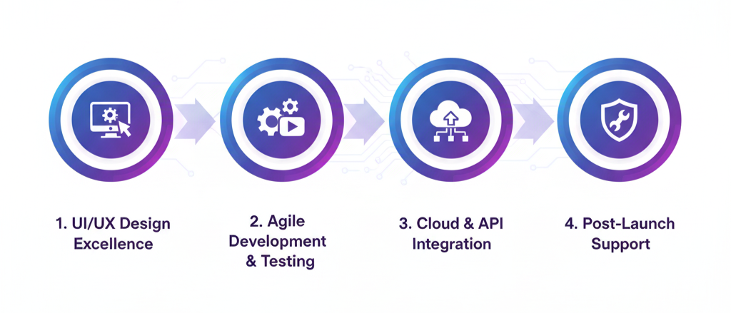 A four-step infographic outlining a process: 1. UI/UX Design Excellence with an icon of a computer screen and gear, 2. Agile Development & Testing with an icon of gears and play button, 3. Cloud & API Integration with a cloud and arrow icon, 4. Post-Launch Support with a shield icon.