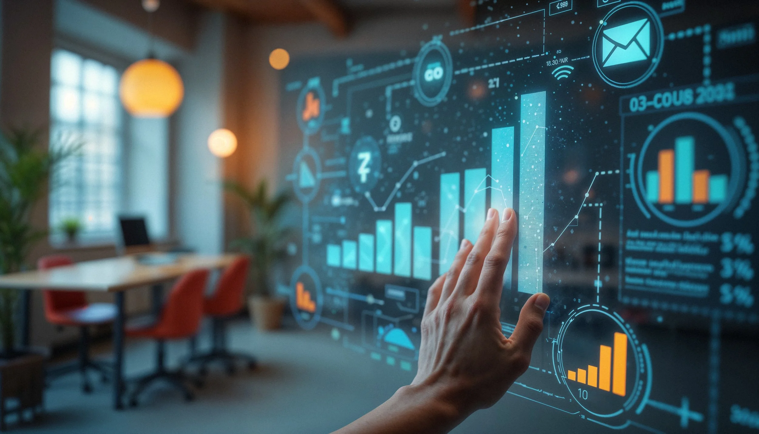 A person's hand interacting with a digital interface displaying graphs, charts, and data analytics in a modern office with large windows and hanging lights.