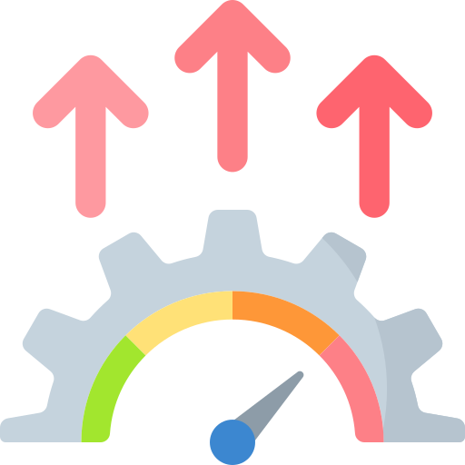 A gauge with a needle pointing to the green and yellow zone, three pink upward arrows above the gauge indicating increase or upward movement.