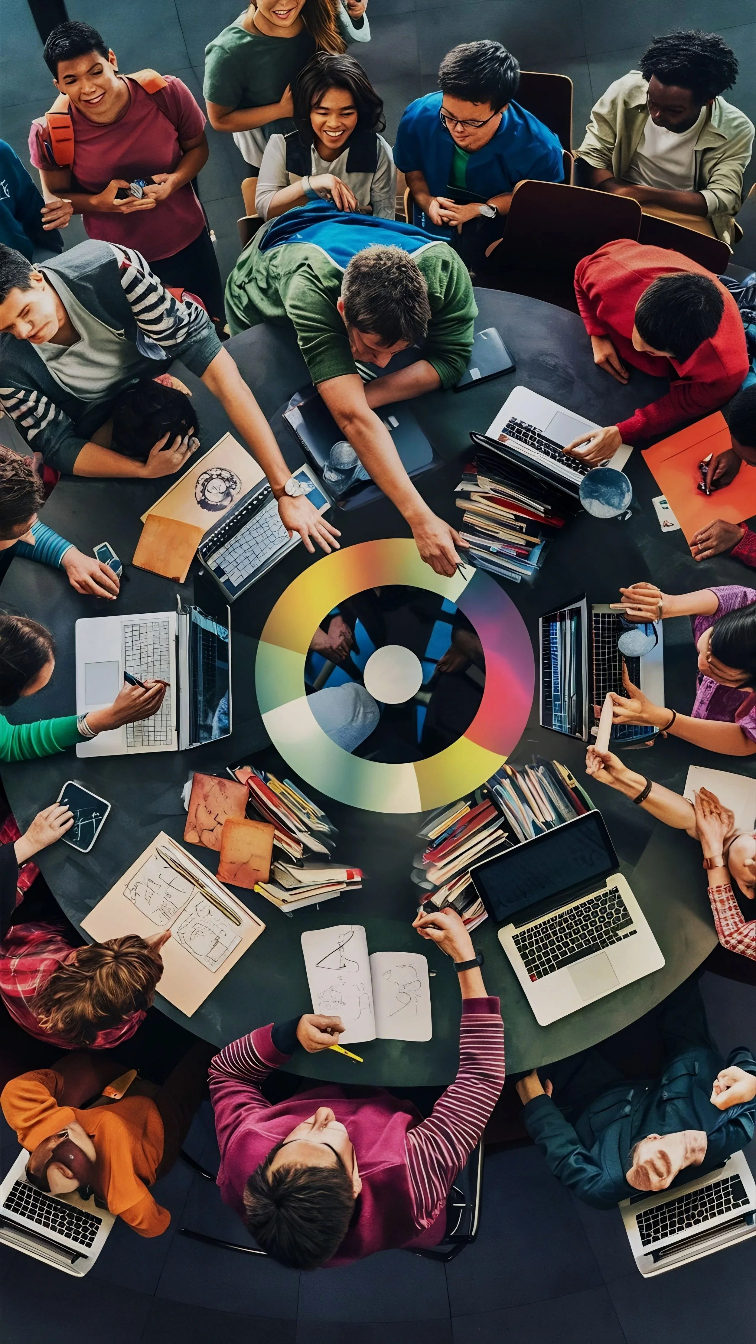 A diverse group of people gathered around a large circular table with laptops, notebooks, and sketches, collaborating on a project. The table features a color wheel design in the center.