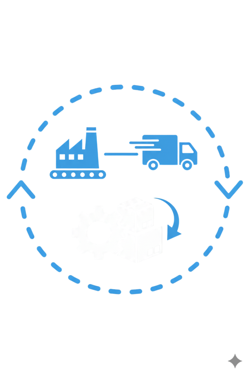 Illustration of a factory with loading dock, a delivery truck, and gear machinery.
