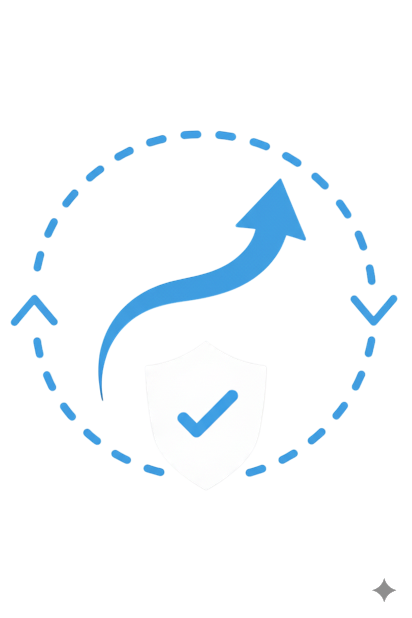 Illustration of a digital security shield with a checkmark on it, overlaid by a moving arrow in a circular path, symbolizing cybersecurity or data protection.